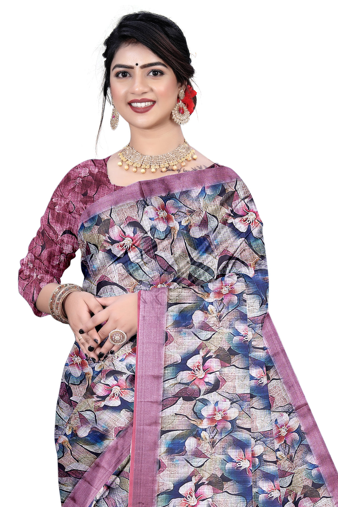 Women's Olive Paisley Printed Linen Blend Saree with Blue Border | Elegant Floral Ethnic Wear for Festive & Daily Use