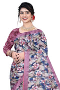 Women's Olive Paisley Printed Linen Blend Saree with Blue Border | Elegant Floral Ethnic Wear for Festive & Daily Use