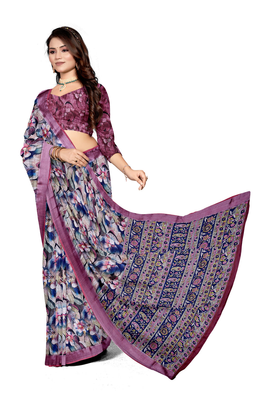 Women's Olive Paisley Printed Linen Blend Saree with Blue Border | Elegant Floral Ethnic Wear for Festive & Daily Use
