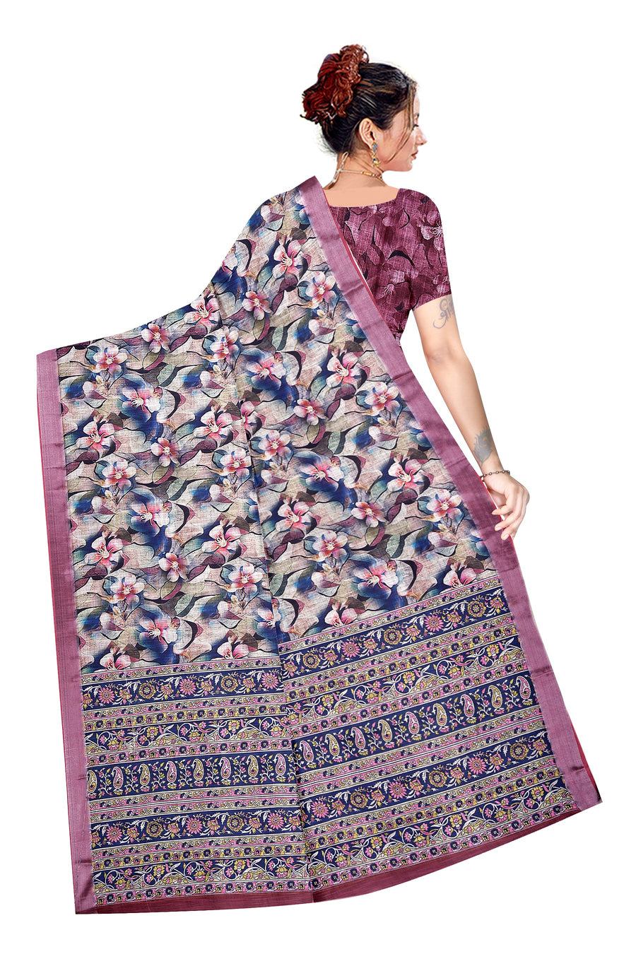 Women's Olive Paisley Printed Linen Blend Saree with Blue Border | Elegant Floral Ethnic Wear for Festive & Daily Use
