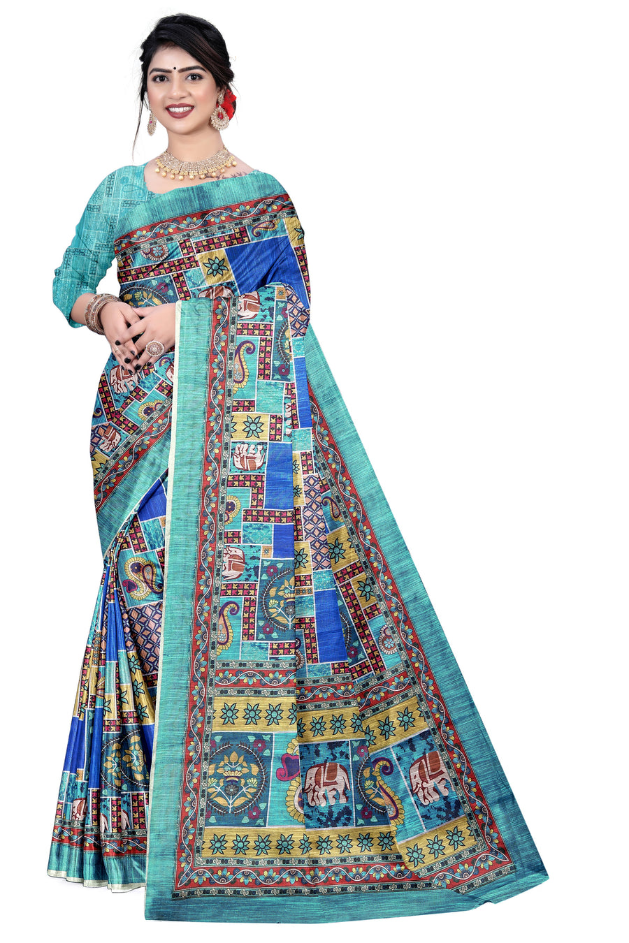 Women's Olive Paisley Printed Linen Blend Saree with Blue Border | Elegant Floral Ethnic Wear for Festive & Daily Use