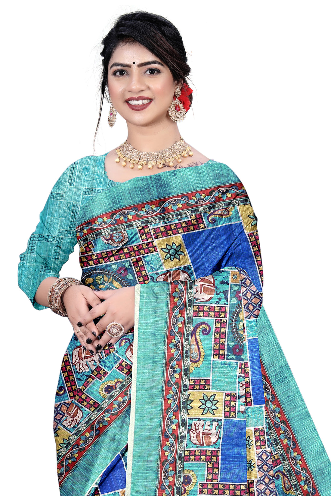 Women's Olive Paisley Printed Linen Blend Saree with Blue Border | Elegant Floral Ethnic Wear for Festive & Daily Use