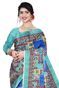 Women's Olive Paisley Printed Linen Blend Saree with Blue Border | Elegant Floral Ethnic Wear for Festive & Daily Use