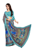 Women's Olive Paisley Printed Linen Blend Saree with Blue Border | Elegant Floral Ethnic Wear for Festive & Daily Use
