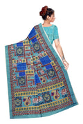 Women's Olive Paisley Printed Linen Blend Saree with Blue Border | Elegant Floral Ethnic Wear for Festive & Daily Use