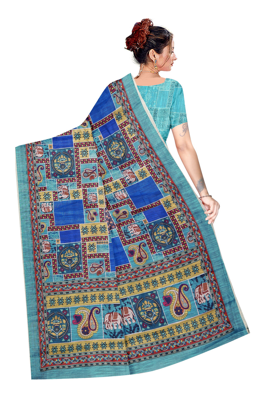 Women's Olive Paisley Printed Linen Blend Saree with Blue Border | Elegant Floral Ethnic Wear for Festive & Daily Use