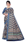 Women's Olive Paisley Printed Linen Blend Saree with Blue Border | Elegant Floral Ethnic Wear for Festive & Daily Use