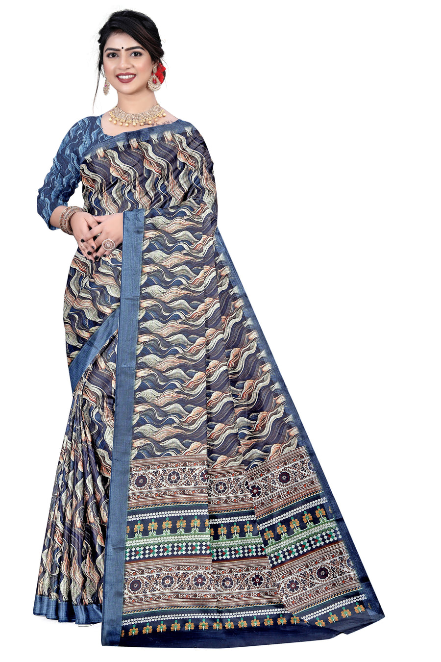Women's Olive Paisley Printed Linen Blend Saree with Blue Border | Elegant Floral Ethnic Wear for Festive & Daily Use