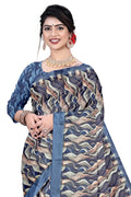 Women's Olive Paisley Printed Linen Blend Saree with Blue Border | Elegant Floral Ethnic Wear for Festive & Daily Use