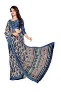 Women's Olive Paisley Printed Linen Blend Saree with Blue Border | Elegant Floral Ethnic Wear for Festive & Daily Use