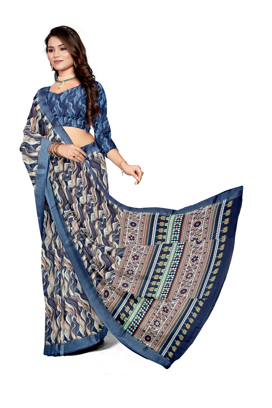 Women's Olive Paisley Printed Linen Blend Saree with Blue Border | Elegant Floral Ethnic Wear for Festive & Daily Use