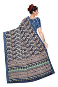 Women's Olive Paisley Printed Linen Blend Saree with Blue Border | Elegant Floral Ethnic Wear for Festive & Daily Use