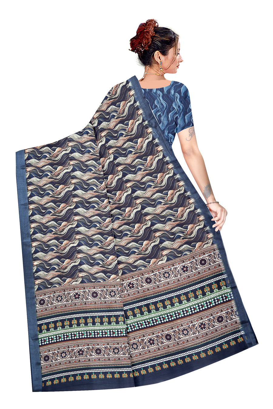 Women's Olive Paisley Printed Linen Blend Saree with Blue Border | Elegant Floral Ethnic Wear for Festive & Daily Use