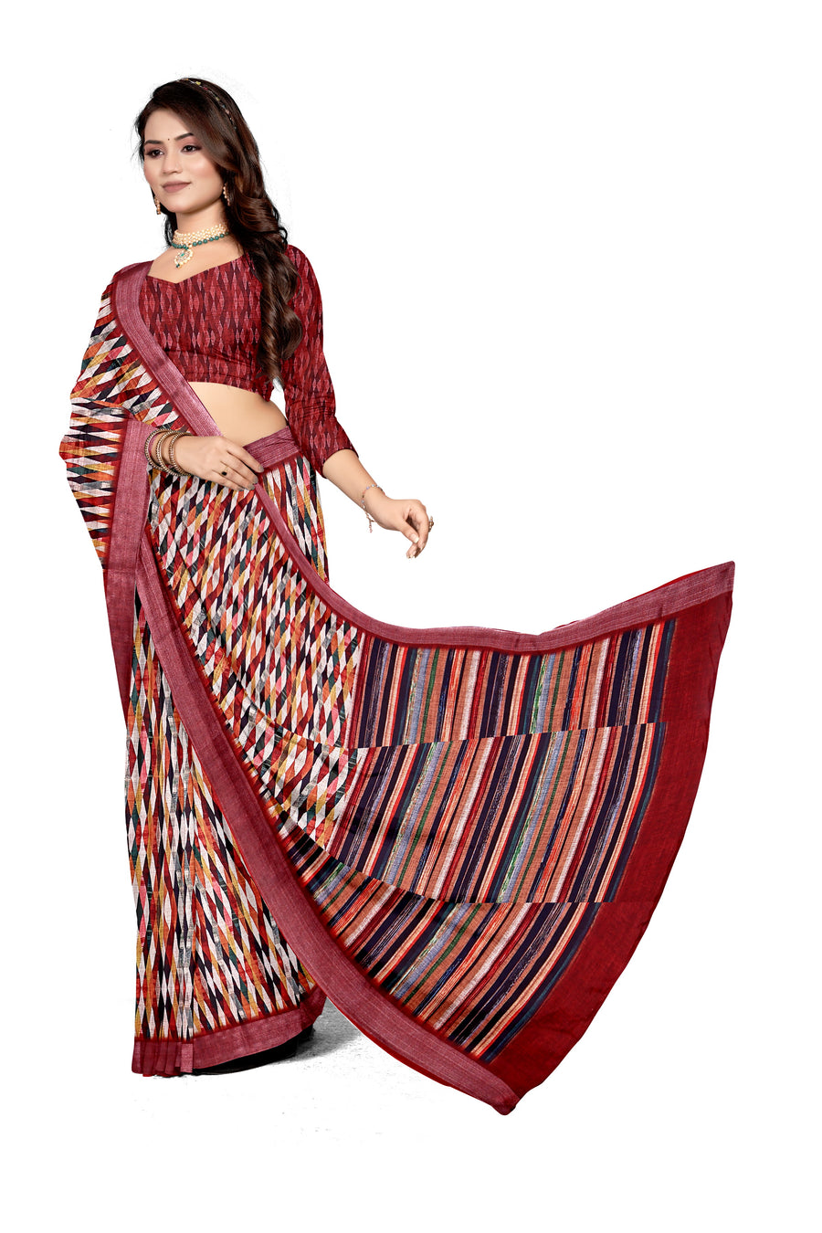 Women's Olive Paisley Printed Linen Blend Saree with Blue Border | Elegant Floral Ethnic Wear for Festive & Daily Use