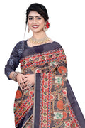Women's Olive Paisley Printed Linen Blend Saree with Blue Border | Elegant Floral Ethnic Wear for Festive & Daily Use