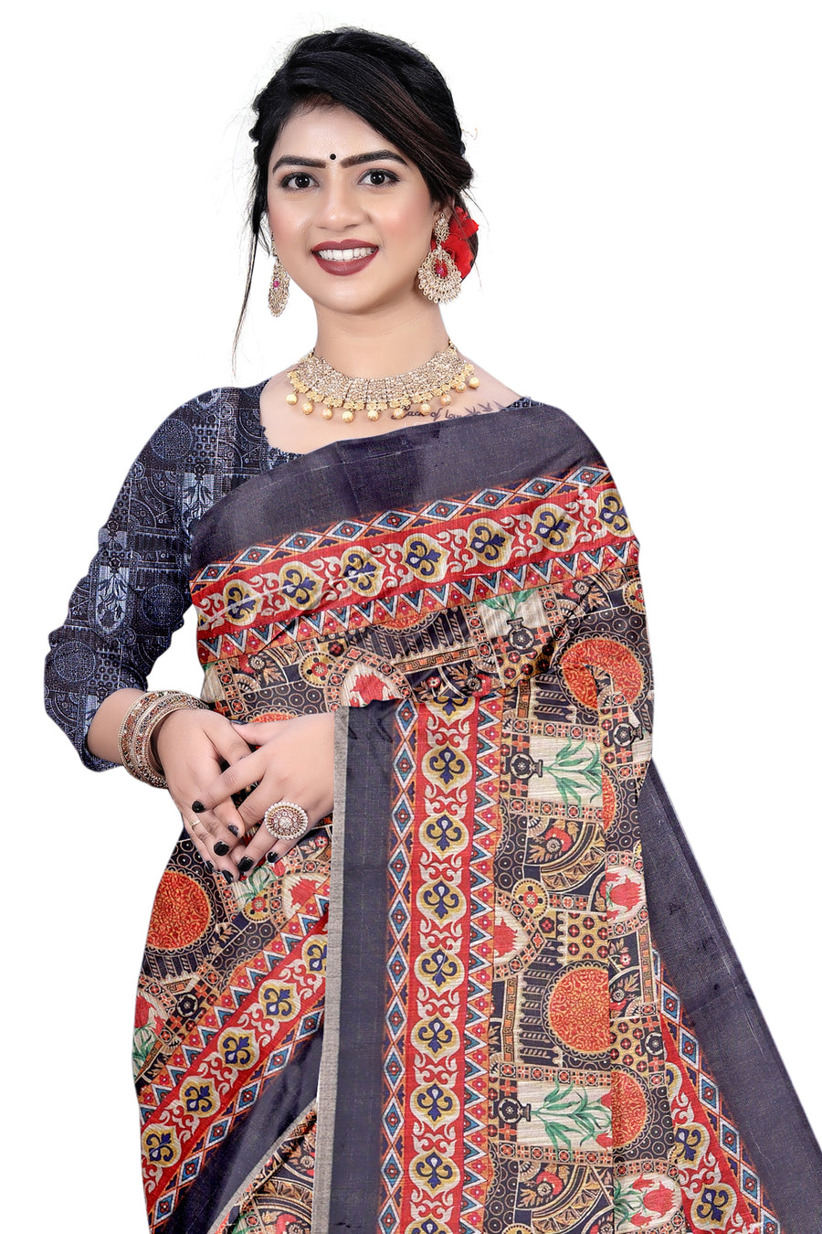 Women's Olive Paisley Printed Linen Blend Saree with Blue Border | Elegant Floral Ethnic Wear for Festive & Daily Use