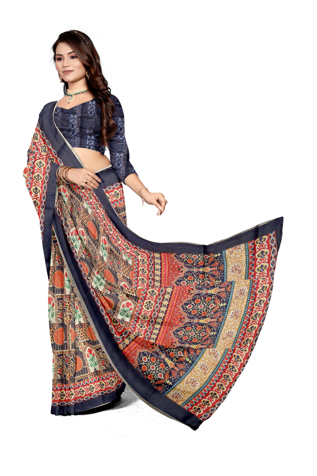 Women's Olive Paisley Printed Linen Blend Saree with Blue Border | Elegant Floral Ethnic Wear for Festive & Daily Use