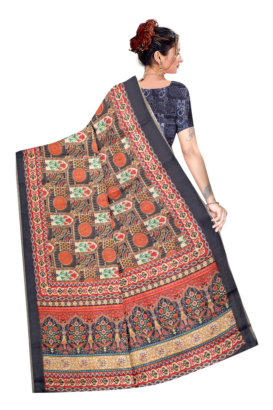 Women's Olive Paisley Printed Linen Blend Saree with Blue Border | Elegant Floral Ethnic Wear for Festive & Daily Use