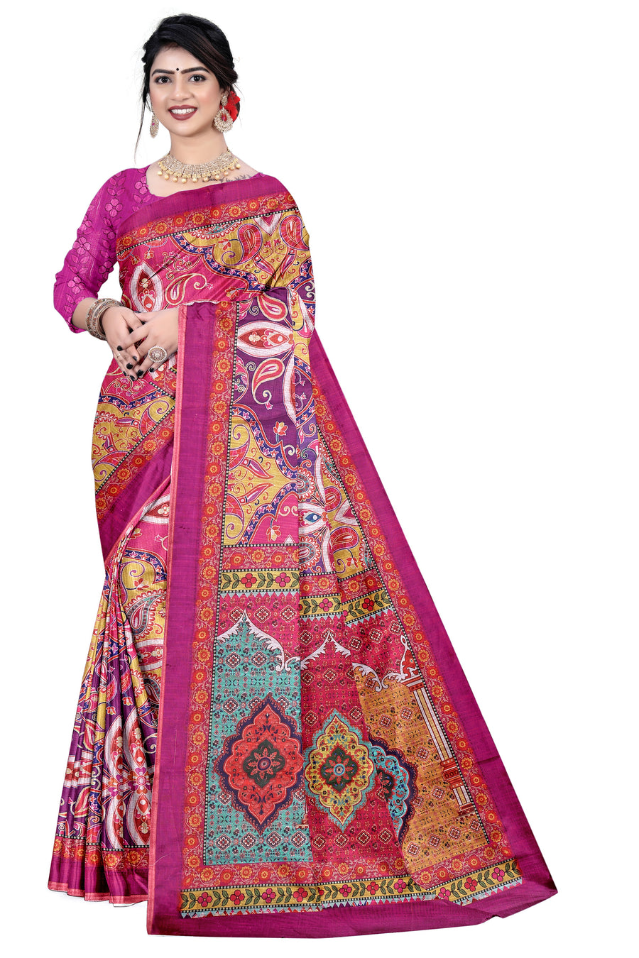 Women's Olive Paisley Printed Linen Blend Saree with Blue Border | Elegant Floral Ethnic Wear for Festive & Daily Use