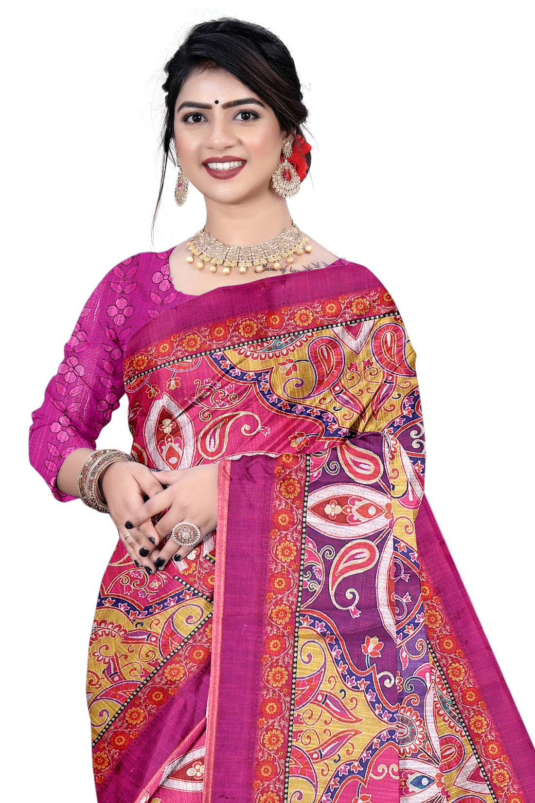 Women's Olive Paisley Printed Linen Blend Saree with Blue Border | Elegant Floral Ethnic Wear for Festive & Daily Use
