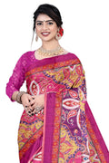 Women's Olive Paisley Printed Linen Blend Saree with Blue Border | Elegant Floral Ethnic Wear for Festive & Daily Use