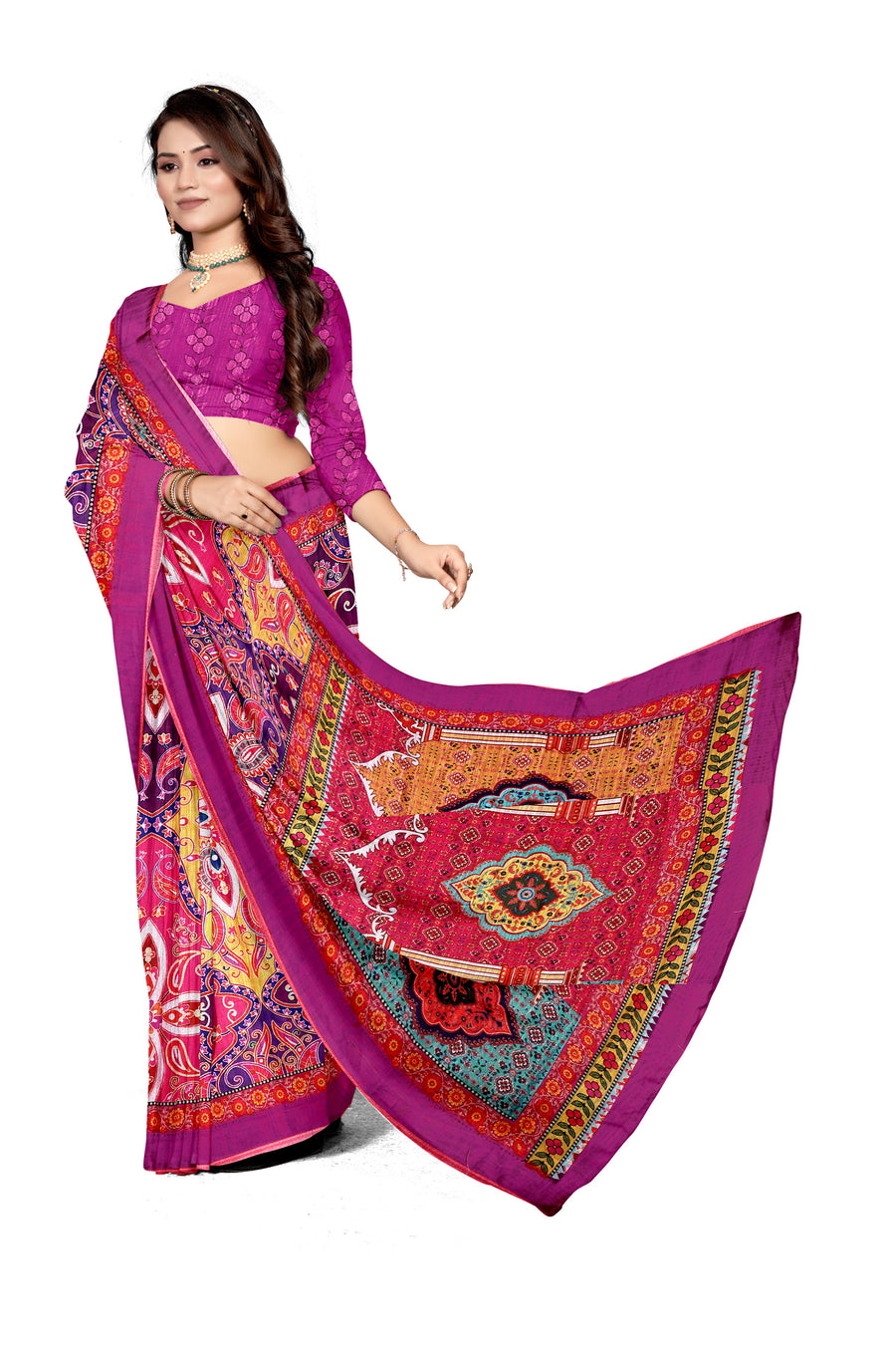 Women's Olive Paisley Printed Linen Blend Saree with Blue Border | Elegant Floral Ethnic Wear for Festive & Daily Use