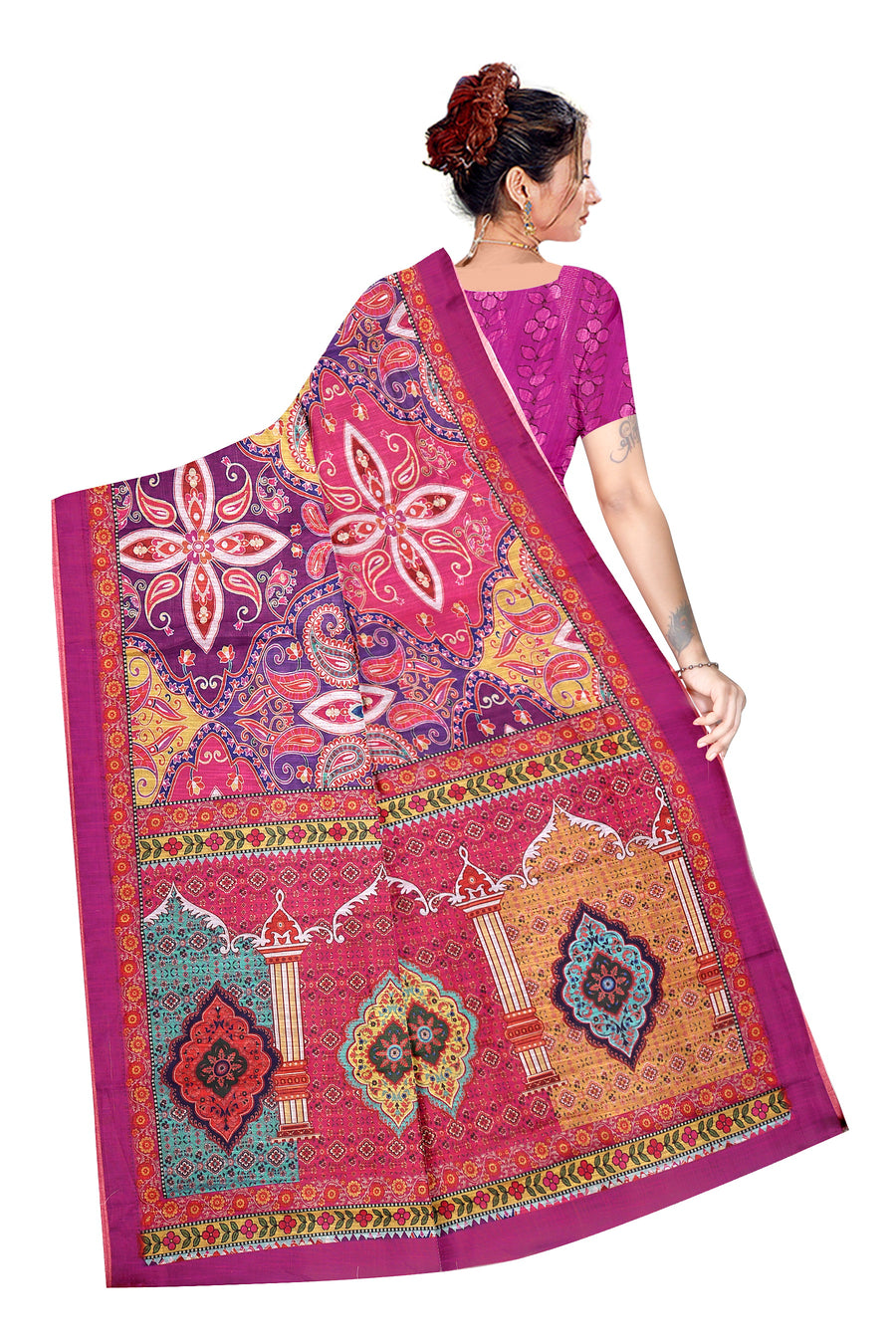 Women's Olive Paisley Printed Linen Blend Saree with Blue Border | Elegant Floral Ethnic Wear for Festive & Daily Use