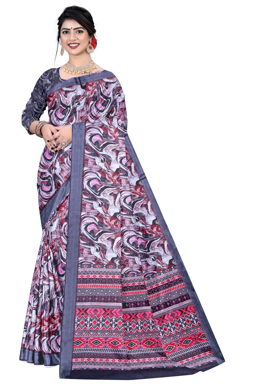 Women's Olive Paisley Printed Linen Blend Saree with Blue Border | Elegant Floral Ethnic Wear for Festive & Daily Use