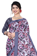 Women's Olive Paisley Printed Linen Blend Saree with Blue Border | Elegant Floral Ethnic Wear for Festive & Daily Use