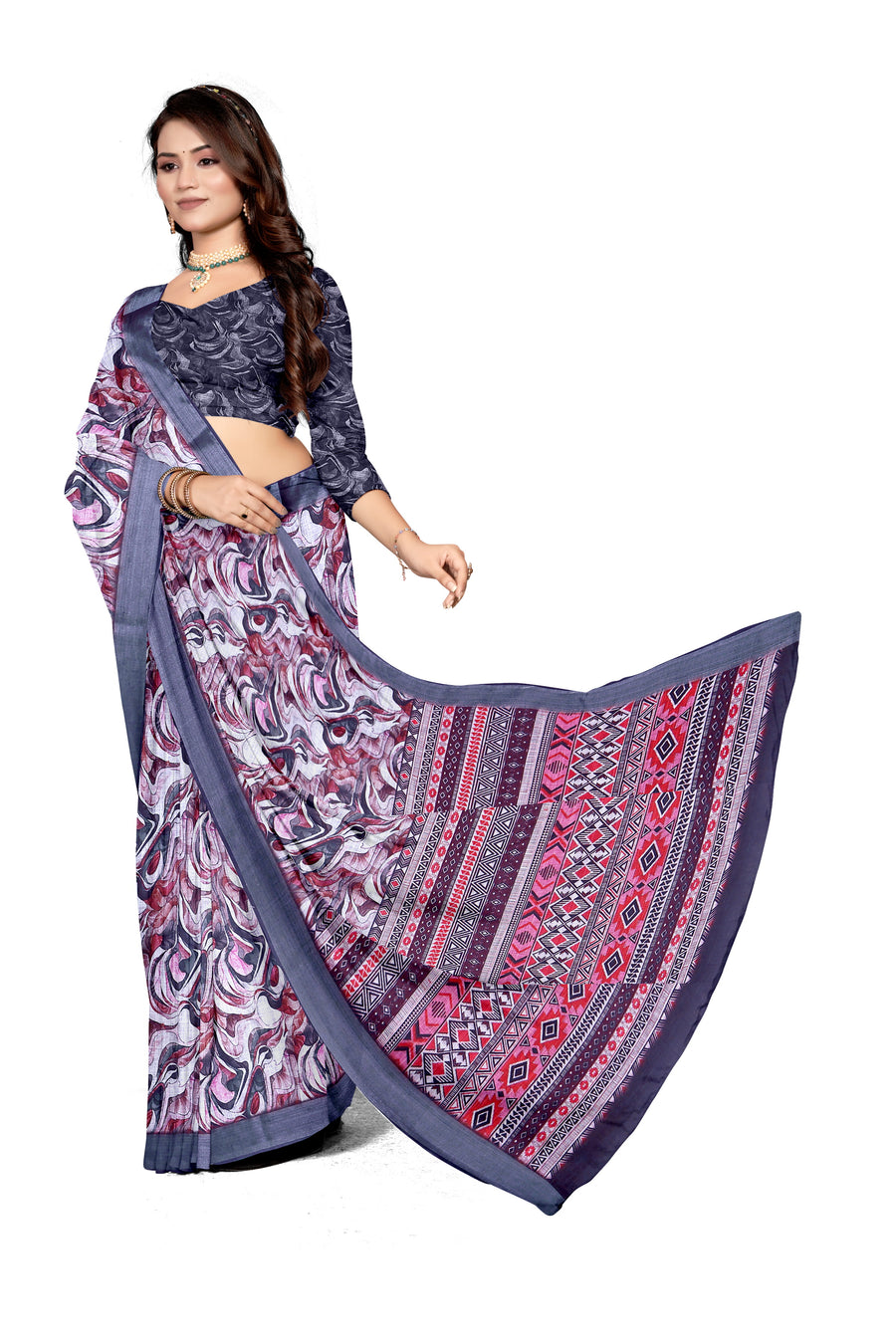 Women's Olive Paisley Printed Linen Blend Saree with Blue Border | Elegant Floral Ethnic Wear for Festive & Daily Use