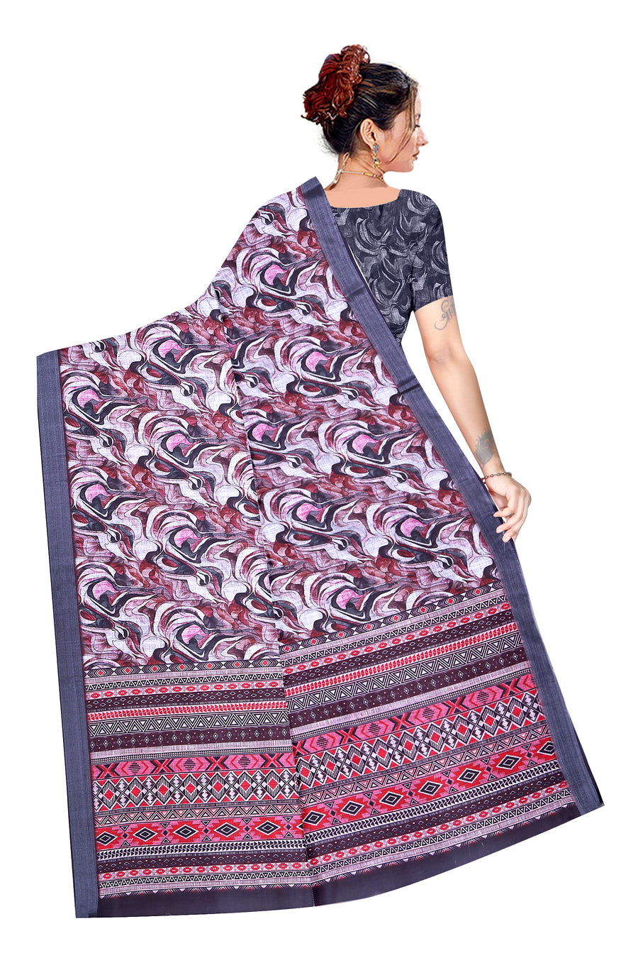 Women's Olive Paisley Printed Linen Blend Saree with Blue Border | Elegant Floral Ethnic Wear for Festive & Daily Use