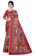 Women's Olive Paisley Printed Linen Blend Saree with Blue Border | Elegant Floral Ethnic Wear for Festive & Daily Use