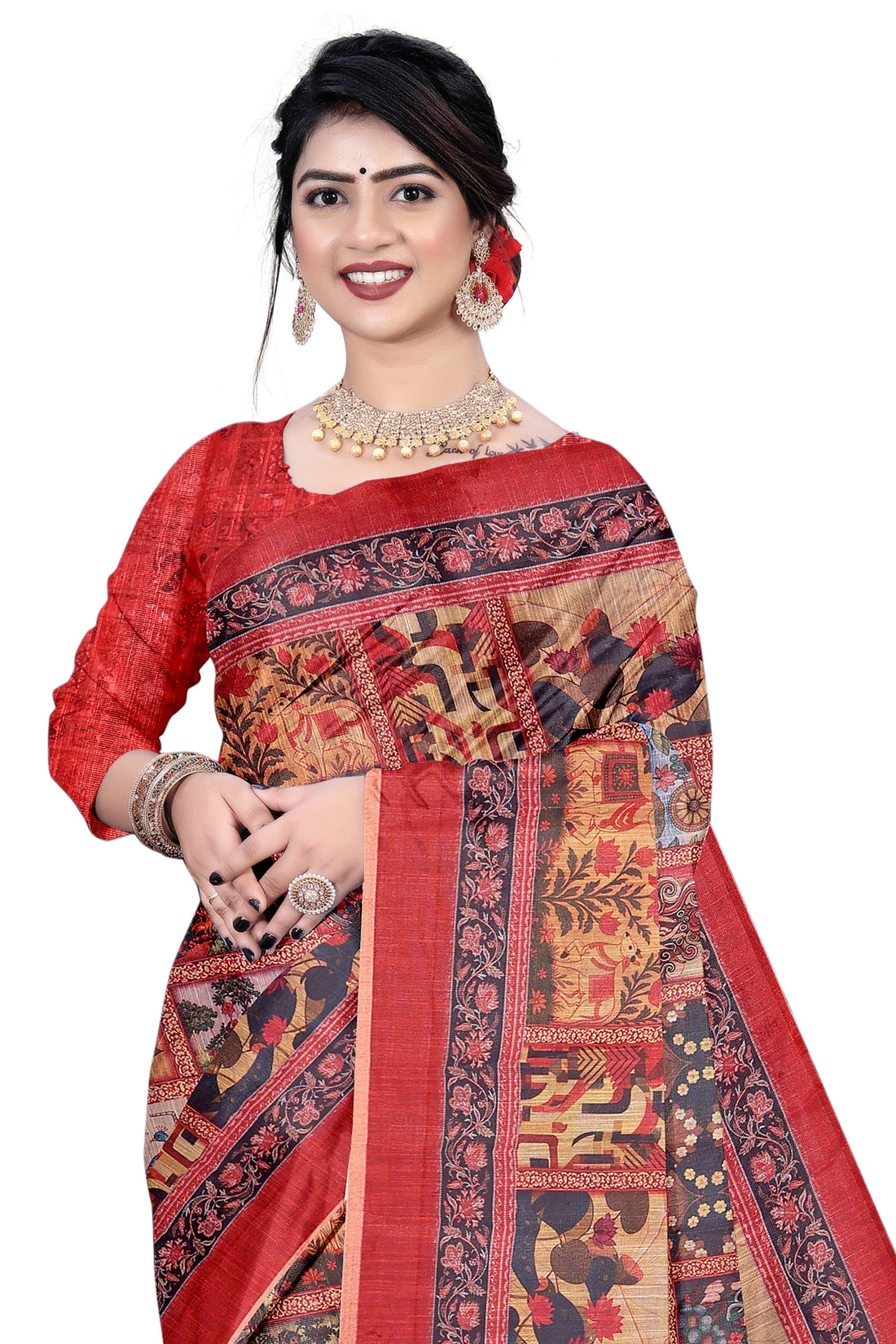 Women's Olive Paisley Printed Linen Blend Saree with Blue Border | Elegant Floral Ethnic Wear for Festive & Daily Use