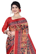Women's Olive Paisley Printed Linen Blend Saree with Blue Border | Elegant Floral Ethnic Wear for Festive & Daily Use