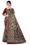 Women's Olive Paisley Printed Linen Blend Saree with Blue Border | Elegant Floral Ethnic Wear for Festive & Daily Use