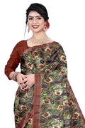 Women's Olive Paisley Printed Linen Blend Saree with Blue Border | Elegant Floral Ethnic Wear for Festive & Daily Use