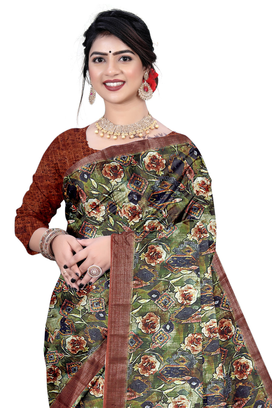 Women's Olive Paisley Printed Linen Blend Saree with Blue Border | Elegant Floral Ethnic Wear for Festive & Daily Use