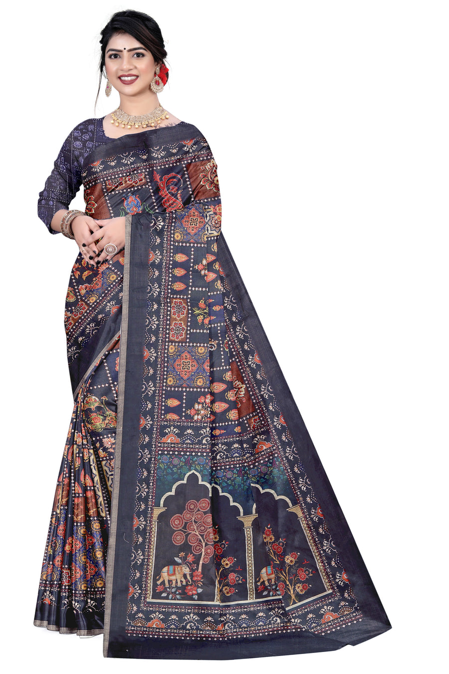 Women's Olive Paisley Printed Linen Blend Saree with Blue Border | Elegant Floral Ethnic Wear for Festive & Daily Use