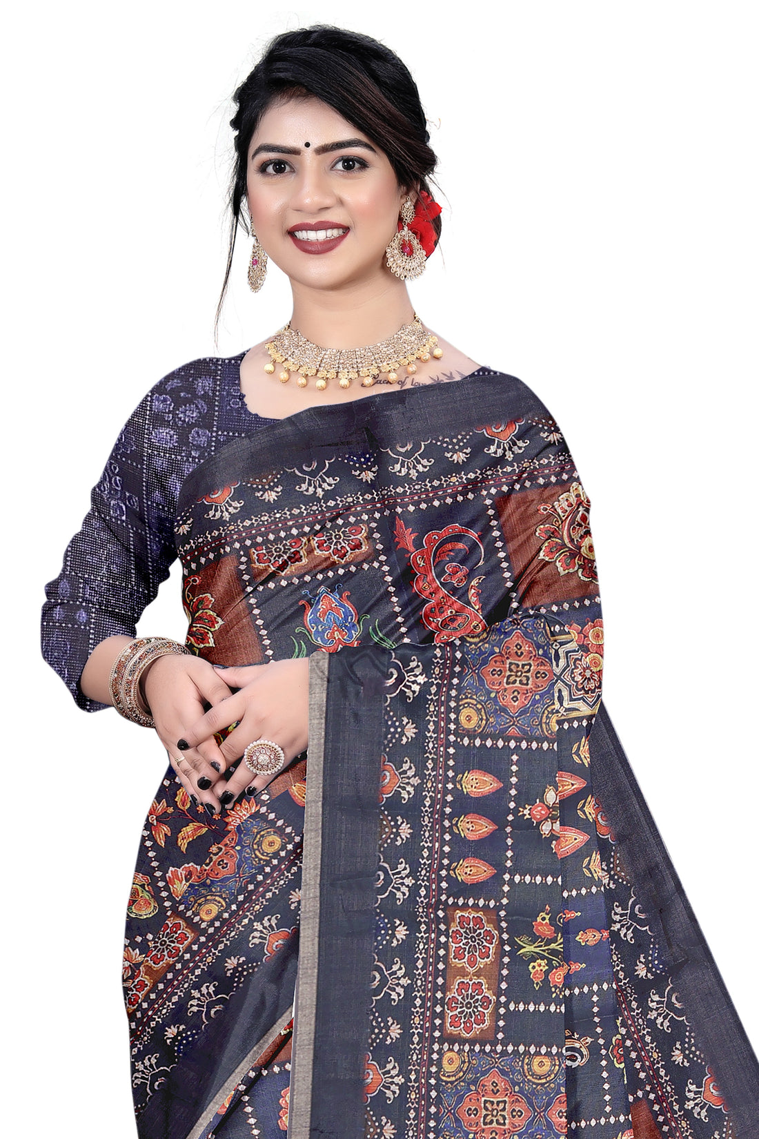 Women's Olive Paisley Printed Linen Blend Saree with Blue Border | Elegant Floral Ethnic Wear for Festive & Daily Use