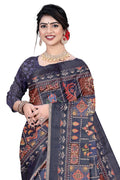 Women's Olive Paisley Printed Linen Blend Saree with Blue Border | Elegant Floral Ethnic Wear for Festive & Daily Use