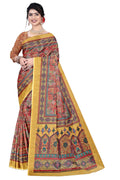 Women's Olive  Paisley Printed Linen Blend Saree with Blue Border | Elegant Floral Ethnic Wear for Festive & Daily Use