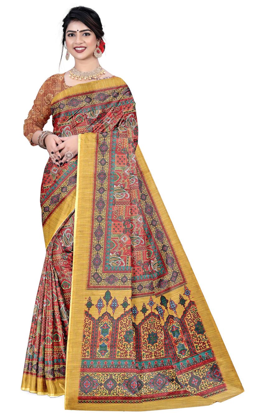 Women's Olive  Paisley Printed Linen Blend Saree with Blue Border | Elegant Floral Ethnic Wear for Festive & Daily Use