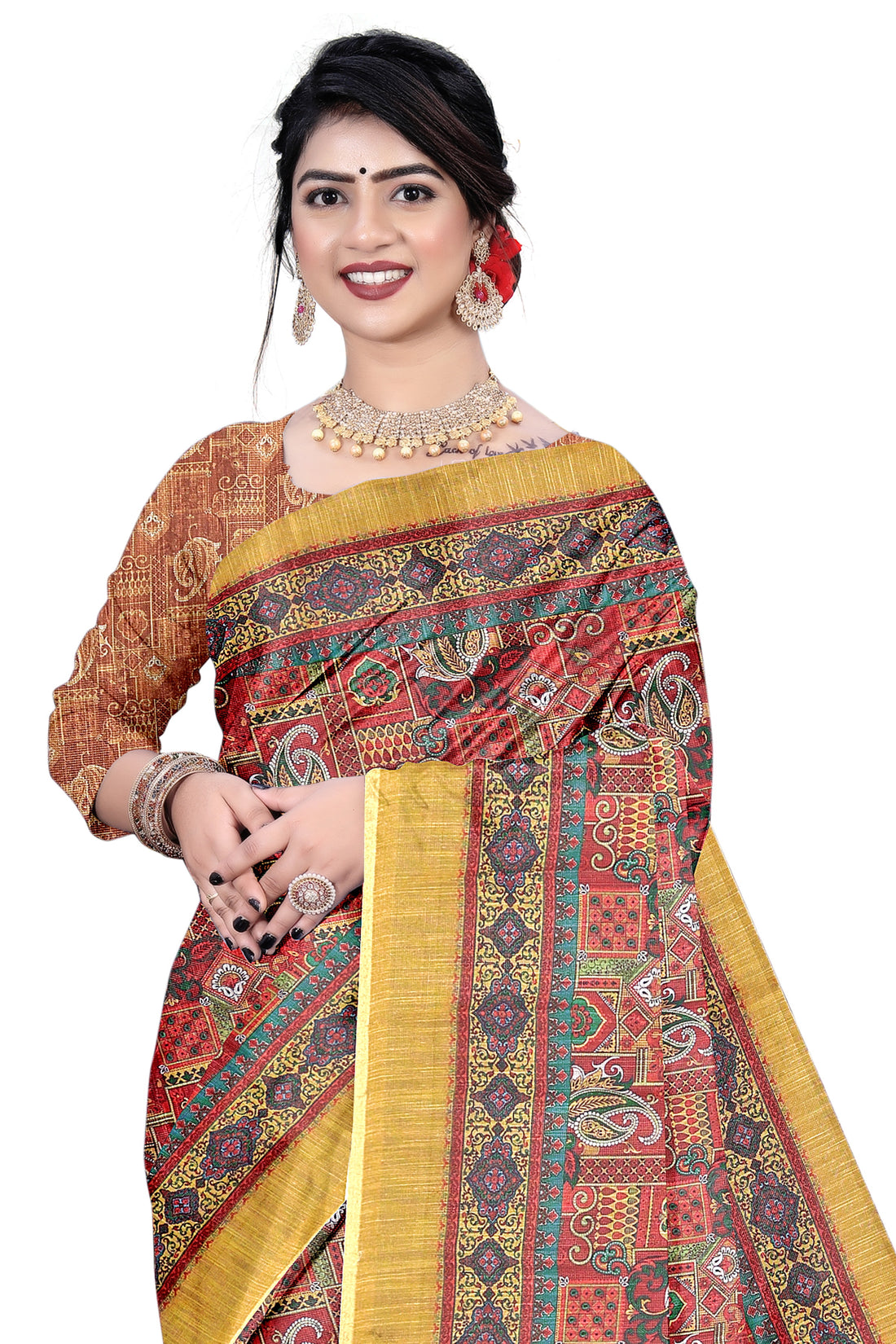 Women's Olive  Paisley Printed Linen Blend Saree with Blue Border | Elegant Floral Ethnic Wear for Festive & Daily Use