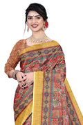 Women's Olive  Paisley Printed Linen Blend Saree with Blue Border | Elegant Floral Ethnic Wear for Festive & Daily Use