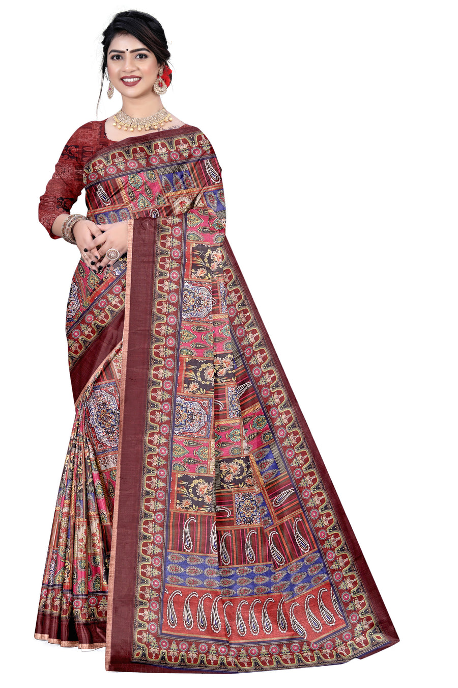 Women's Olive Paisley Printed Linen Blend Saree with Blue Border | Elegant Floral Ethnic Wear for Festive & Daily Use