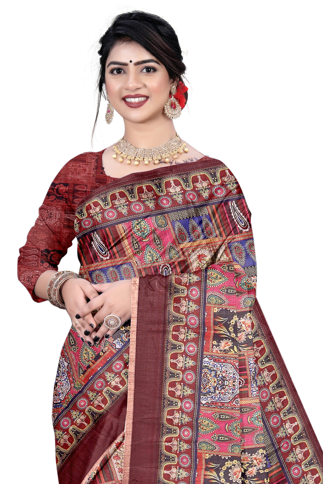 Women's Olive Paisley Printed Linen Blend Saree with Blue Border | Elegant Floral Ethnic Wear for Festive & Daily Use