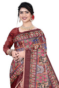 Women's Olive Paisley Printed Linen Blend Saree with Blue Border | Elegant Floral Ethnic Wear for Festive & Daily Use