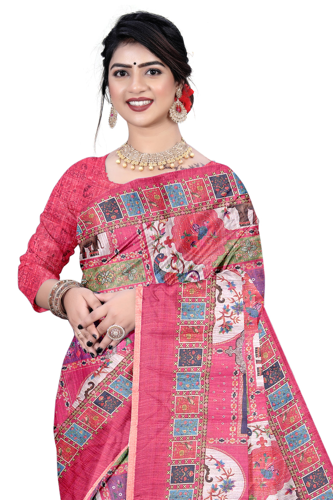 Women's Olive Paisley Printed Linen Blend Saree with Blue Border | Elegant Floral Ethnic Wear for Festive & Daily Use