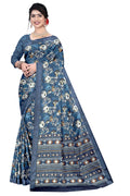 Women's Olive Paisley Printed Linen Blend Saree with Blue Border | Elegant Floral Ethnic Wear for Festive & Daily Use
