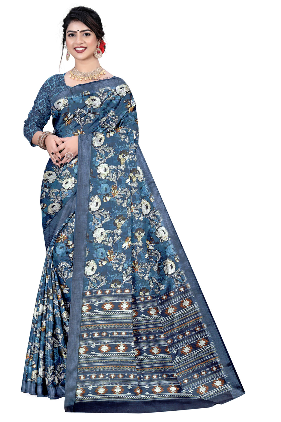 Women's Olive Paisley Printed Linen Blend Saree with Blue Border | Elegant Floral Ethnic Wear for Festive & Daily Use